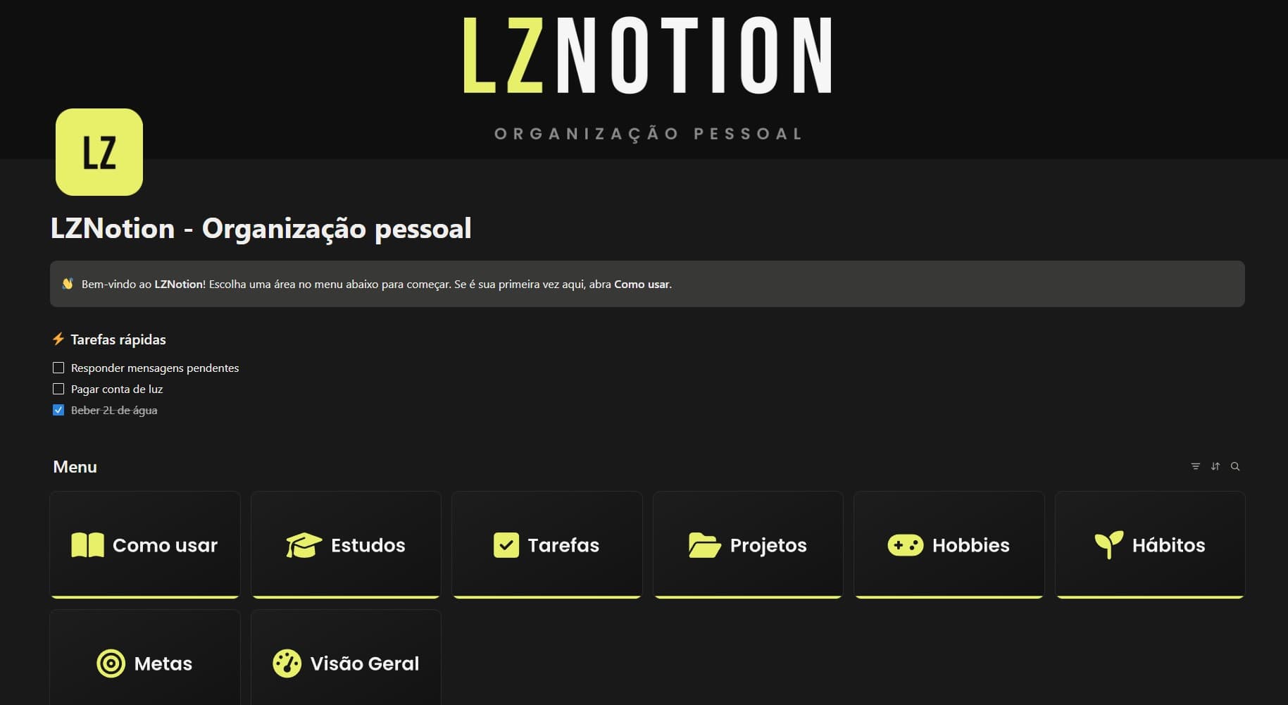 Página inicial do LZNotion com o menu, as tarefas do dia, o Pomodoro e a agenda